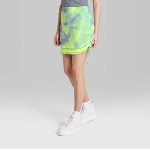 Wild Fable Ruched Side Mesh Green Tie Dye Mini Skirt NEW - Picture 1 of 5